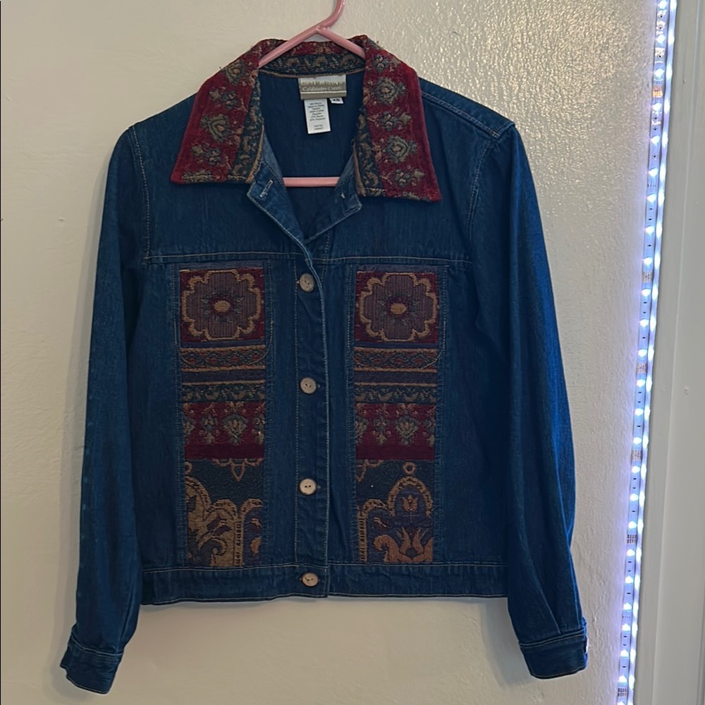 Coldwater Creek Blue and Red Jean Jacket with Artistic Embroidery